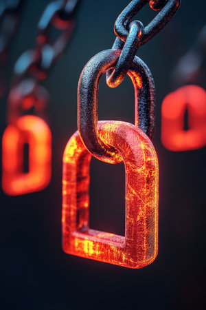Data Security, Integrity Through Symbolic Hot Chain And Lock, Digital Protection, Privacy Concept.の素材