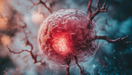 Glowing Cell, Microscopic View Abstract Cellular Activity in Red and Blue, Artistic Representationの素材