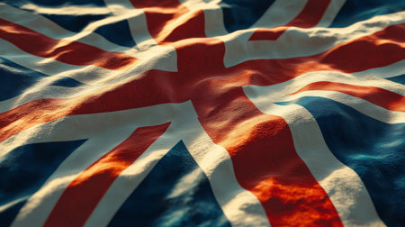 Close-up of the national flag of Great Britain flowing in the wind with vibrant colors.の素材
