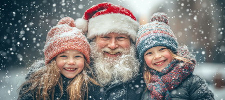 Santa Claus Posing With Two Smiling Little Girls, Winter Outdoors, Christmas Spirit Conceptの素材