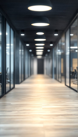 Blurred Office Interior, Modern Workspace with Glass Walls, Wooden Floor, and Warm Lightingの素材