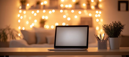 Cozy Evening Atmosphere Laptop on Desk with Warm Fairy Lights Illuminating a Blurred Interiorの素材