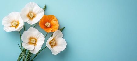 Five white and orange poppy flowers on baby blue background. Greeting card. Holidays concept.,の素材