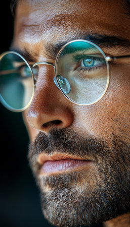 Close-Up Portrait, Handsome Man with Glasses, Stylish Eyewear, Intense Gaze, Short Beardの素材