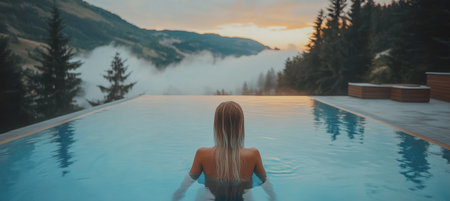 Woman in infinity pool enjoying sunset view over mountain landscape with fog at luxury hotel spaの素材