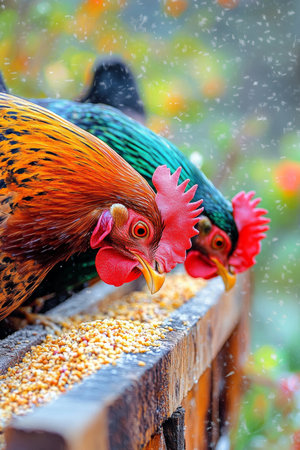 Colorful Roosters Eating Grain from a Wooden Feeder., Free Range Chickens Enjoying Their Meal Timeの素材