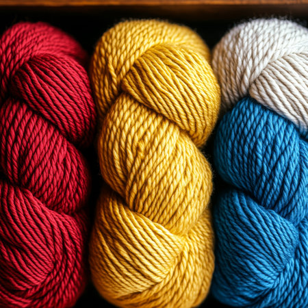 Vibrant Yarns for Crafting Projects A Close-up View of Red, Yellow, and Blue Strands Textureの素材