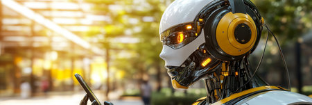 Futuristic Android Using Smartphone in Urban Setting, Artificial Intelligence Conceptの素材