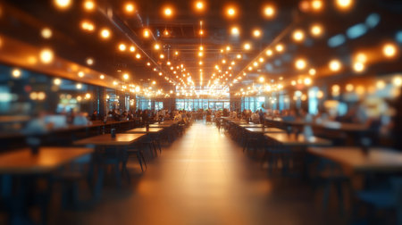 Empty Restaurant Interior, Cozy Lighting, Wooden Tables, Chairs, String Lights, And Bokeh Effectの素材