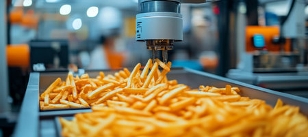 Automated Food Processing Robotic Arm Arranging Golden French Fries on Conveyor Beltの素材