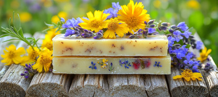 Handmade organic herbal soap bars with wildflowers and herbs on a rustic wooden background.の素材