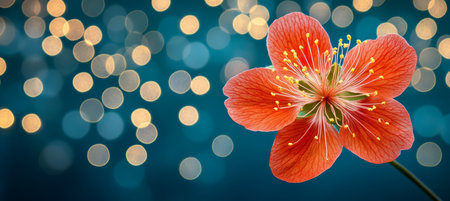 Vivid Orange Red Flower in Bloom, Serene Sparkle Bokeh Background, Macro Photography, Floral Beautyの素材