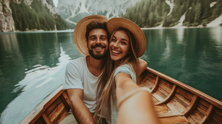 Happy Couple, Selfie on Wooden Rowboat, Tranquil Lake, Summer Vacation Romance, Scenic Getawayの素材