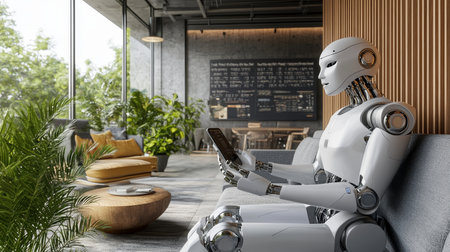Sleek Humanoid Robot in Modern Office, Using Mobile Phone With Ease, Futuristic Technologyの素材