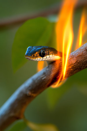 Black Racer Snake Perched On Burning Branch, Wildlife In The Fire, Reptile In Danger, Close-upの素材