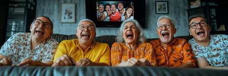 Diverse Group of Senior Friends Share Uproarious Laughter While Watching Television Together at Homeの素材