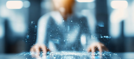 Businesswoman Working with Hologram Display, Futuristic Technology and Business Conceptsの素材