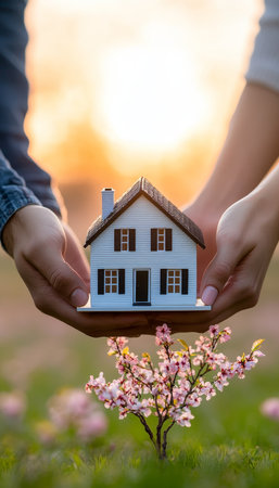 New Beginnings Couple Holding Miniature House with Cherry Blossom and Sunset, Symbolizing Dreamsの素材
