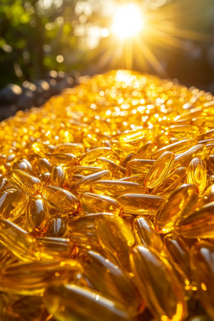 Shining Golden Softgel Capsules Premium Quality and Sophisticated Wellness Under the Warm Sunlightの素材
