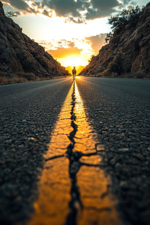 Golden Hour Road Trip Empty Country Highway Vanishing into a Glowing Horizon at Sunset.の素材