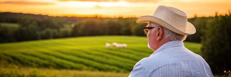 Golden Hour On The Farm. Senior Farmer In A Straw Hat Looking Over His Livestock At Sunsetの素材