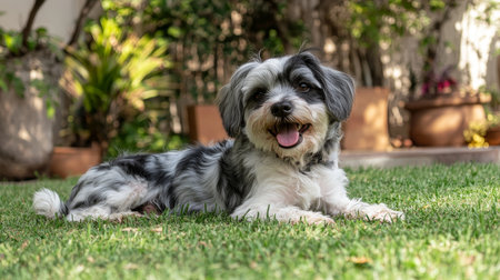 Happy Small Terrier Dog Lying and Relaxing on the Green Grass with Tongue Out, Pet Portraitの素材