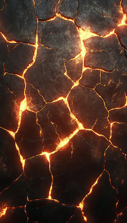 Cracked Stone Surface With Molten Lava Glowing In The Fissures, Abstract Texture Background.の素材