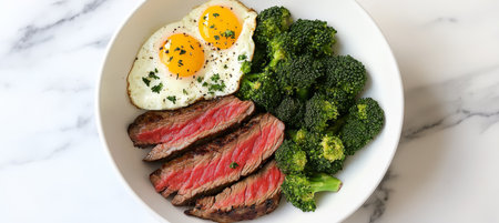 Healthy Breakfast Sliced Steak, Two Sunny-Side Up Eggs, and Steamed Broccoli on a White Backgroundの素材