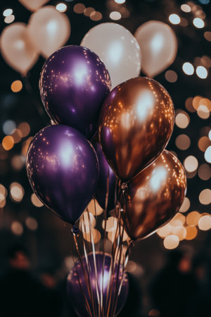 Purple And Bronze Balloons With Bokeh Background, Celebration, Party Decoration, Festiveの素材