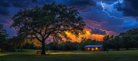 Secluded Farmhouse Illuminated by a Dramatic Lightning Strike in the Texas Countrysideの素材