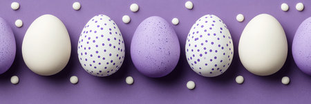 Purple And White Easter Eggs On A Purple Background. Minimal Easter Decoration With Copy Space.の素材