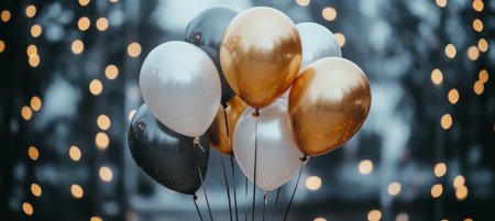 Group of Gold, Silver, and Black Balloons against Bokeh Background, Celebrating an Elegant Occasionの素材