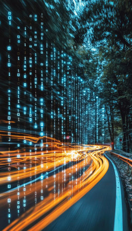 Digital Data Flow On Road, Symbolizing Agile Transformation And Disruptive Innovation.の素材