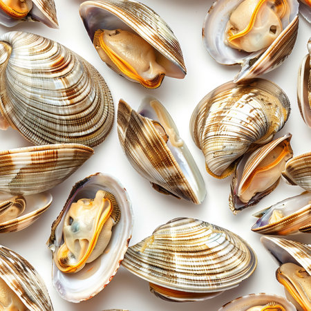 Fresh Open Clams Pattern, Seafood Background On White Backdrop, Shellfish Texture, Food Photographyの素材