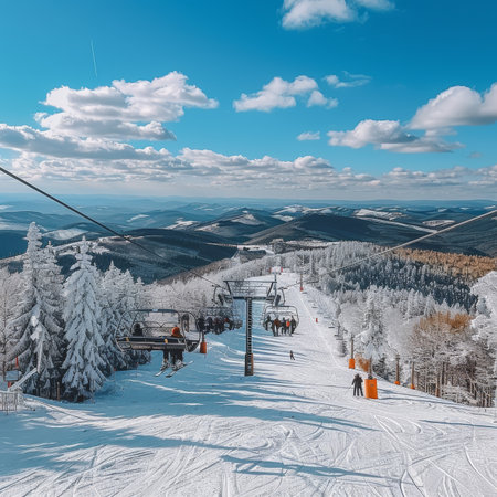 Ski Lift Ascending Through Snow-Covered Forest with Majestic Mountain Views on Sunny Dayの素材