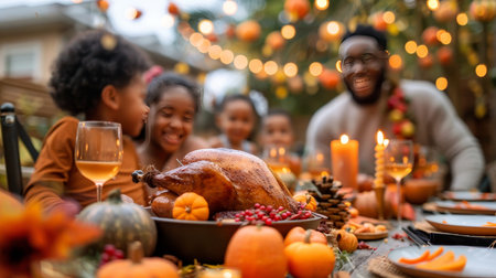 Joyful Family Thanksgiving Celebration with Roasted Turkey, Autumn Decorations, and Warmthの素材