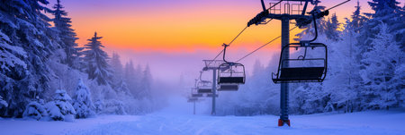 Winter Wonderland Scenic View of a ski lift amidst snowy pine forests under a stunning twilight skyの素材