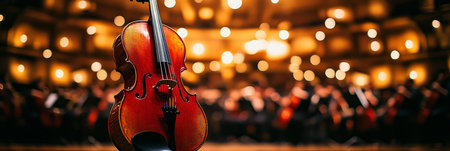 Elegant Violin Awaits Performance Classical Music Concert Setting with Orchestra and Stage Lightsの素材