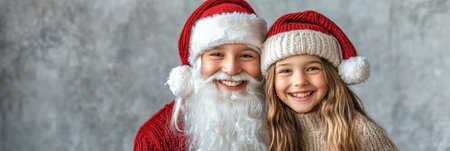 Santa Claus And Cute Smiling Girl Wearing Red Santa Hats Are Hugging, Winter Holidays Celebrationの素材