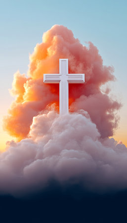 White Cross Above the Clouds in a Sunset Sky, Symbol of Faith, Hope, and Resurrectionの素材