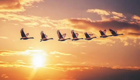 Gliding into the Sunset Majestic Silhouette of Geese in V Formation against a Golden Skyの素材