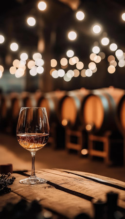 Glowing Wineglass on Wooden Table in Cellar Winery Atmosphere. Background with Wine Barrelsの素材