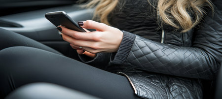 Close-Up Womans Hands Texting on Smartphone While Relaxing in a Comfortable Car Seatの素材
