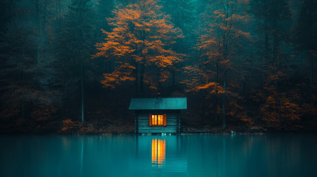 Secluded Lakeside Cabin Retreat, Warm Glow in Tranquil Autumn Forest Setting at Twilightの素材