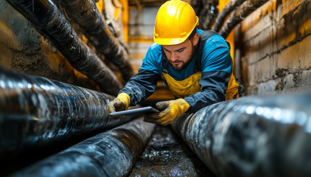 Engineer Using Tablet Inspects Large Pipe Installation in Trench, Emphasizing Modern Constructionの素材