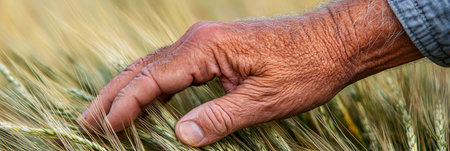Close-Up. Farmers Wringed. Seasoned Hand Inspects. Touches Golden Wheat Ears, Harvest Time Conceptの素材