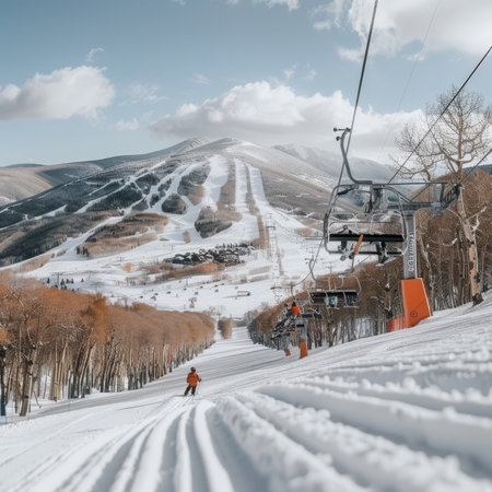 Skiing Down a Sun-Drenched Slope A Lone Skiers Descent, Chairlift in Focus, Mountain Vistaの素材
