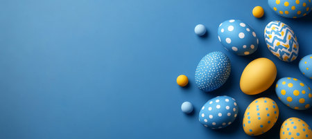 Blue And Yellow Easter Eggs With Polka Dot Patterns On Light Blue Painted Wall With Copy Space.の素材