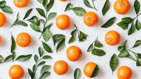 Vibrant Pattern of Fresh Oranges with Green Leaves Arranged on White Background, Flat Layの素材