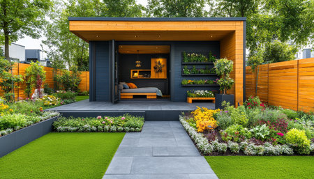 Modern Garden Room Retreat with Landscaped Garden, Artificial Lawn, and Paving Stone Patioの素材